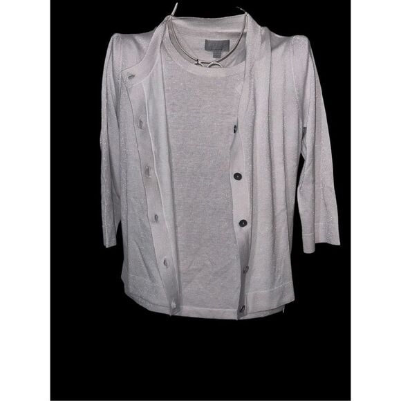 Beautiful two piece Pure Collection Navy Metallic Bamboo blouse and cardigan swe - Picture 1 of 12